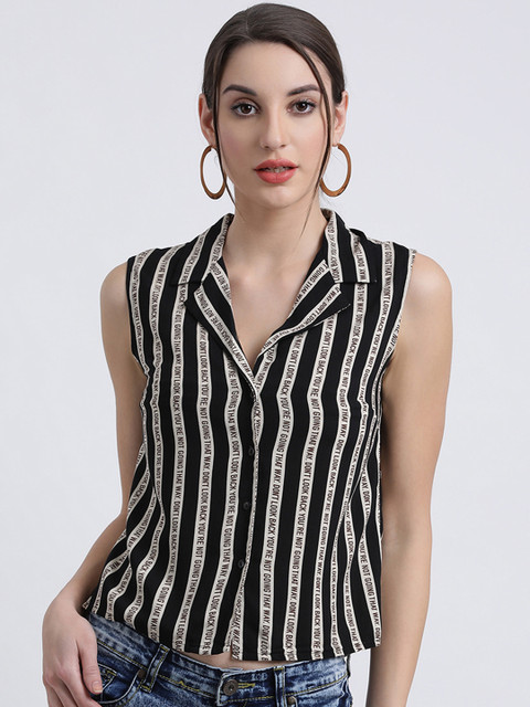 

Zink London Women Black & Off-White Striped Shirt Style Top