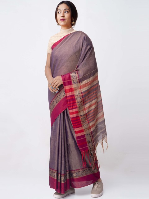 

Unnati Silks Blue & Grey Pure Cotton Solid Narayan Peth Saree