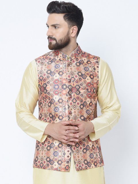 

TAG 7 Men Orange & Beige Printed Nehru Jacket