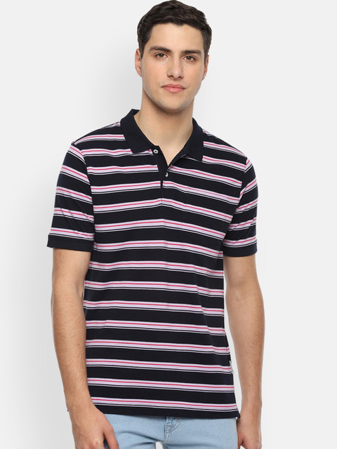 

Van Heusen Men Navy Blue White Striped Polo Collar Pure Cotton T-shirt