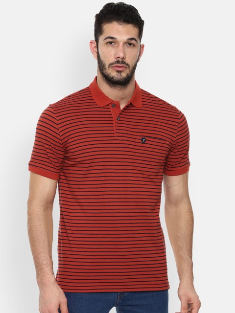 

Van Heusen Sport Men Rust Orange & Navy Blue Striped Polo Collar T-shirt