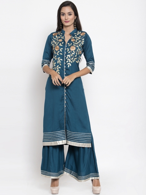 Aujjessa Women Teal Blue Embroidered Kurta with Sharara