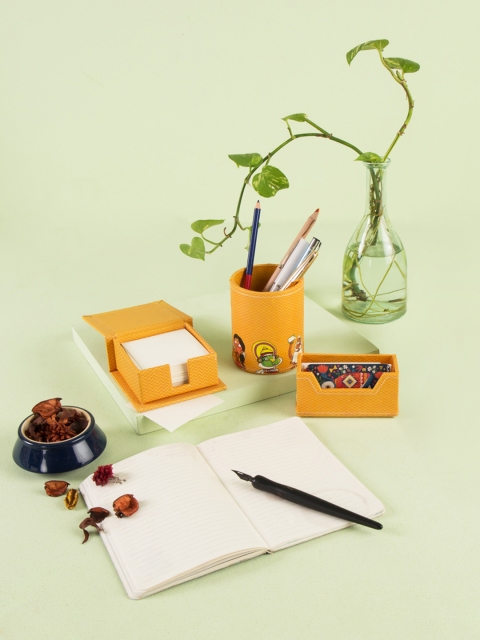 

Chumbak Set of 3 Mustard Yellow Printed Eco Leather Chai Time Cheer Desk Organizer