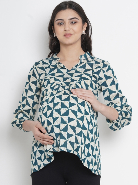 

Mine4Nine Women Teal Green & Off-White Printed Tunic