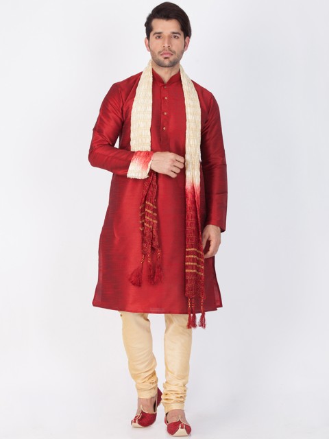 

VASTRAMAY Men Maroon & Gold-Toned Solid Kurta with Churidar & Dupatta