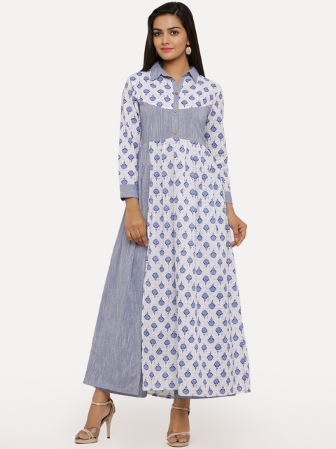 

BUYCLARA Women Off-White & Blue Printed Kurta with Trousers