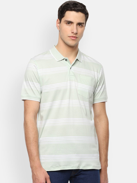 

Van Heusen Sport Men Sea Green Striped Polo Collar Pure Cotton T-shirt