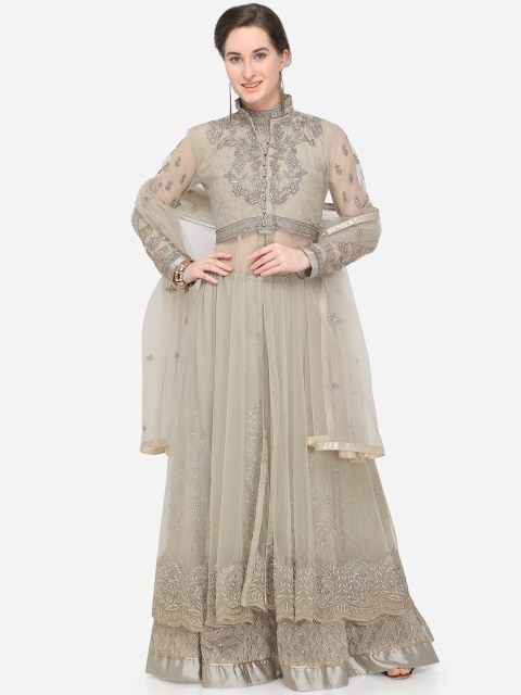 

Stylee LIFESTYLE Beige & Silver-Coloured Net Semi-Stitched Dress Material