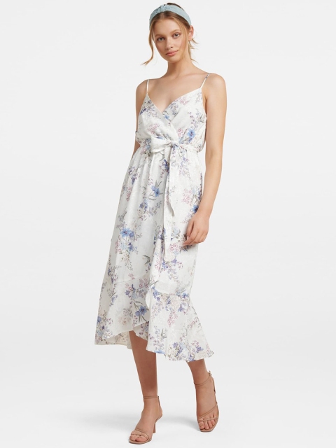

Forever New Women White & Blue Floral Printed Wrap Dress