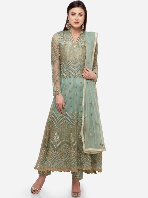 

Stylee LIFESTYLE Teal & Gold-Toned Net Semi-Stitched Dress Material
