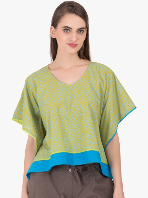

GRASS by Gitika Goyal Women Green & Blue Hand Printed Kaftan Top