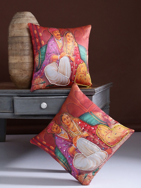

Alina decor Set of 2 Red & Yellow Embellished Square Cushion Covers