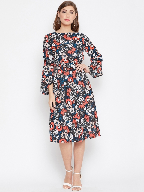 

FIZERA Women Navy Blue & White Printed Fit and Flare Dress