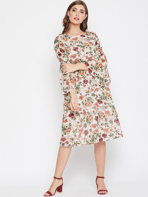 

FIZERA Women Cream-Coloured & Green Printed Fit and Flare Dress