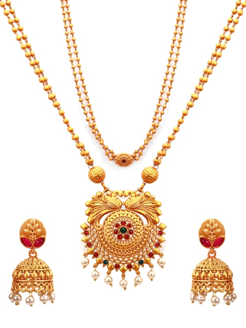 Rubans Gold-Plated & Red Stone-Studded Beaded Temple Jewellery Set