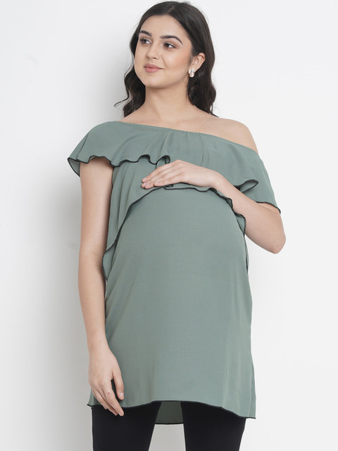 

Mine4Nine Women Olive Green Printed Solid Tunic