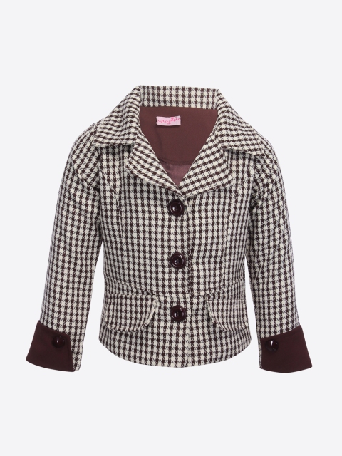 

CUTECUMBER Girls Brown & Off-White Checked Woolen Pea Coat