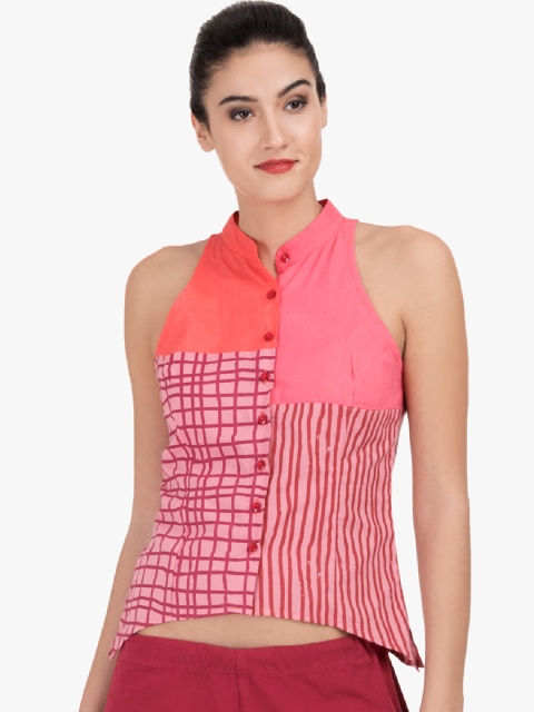 

GRASS by Gitika Goyal Women Pink Striped Shirt Style Top