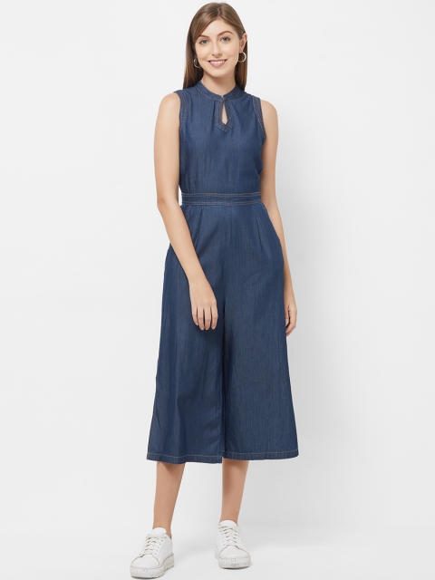 

109F Women Navy Blue Solid Culotte Denim Jumpsuit