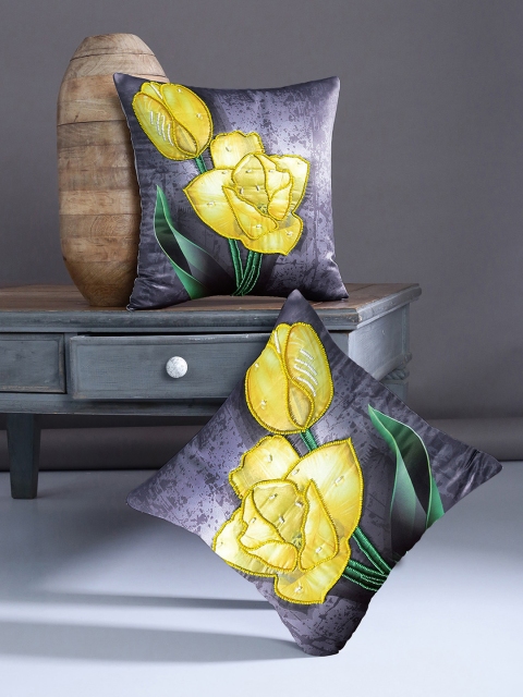 

Alina decor Yellow & Grey Set of 2 Floral Square Cushion Covers