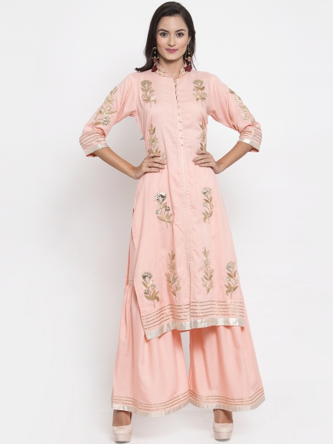 

Aujjessa Women Peach-Coloured Embroidered Kurta with Sharara