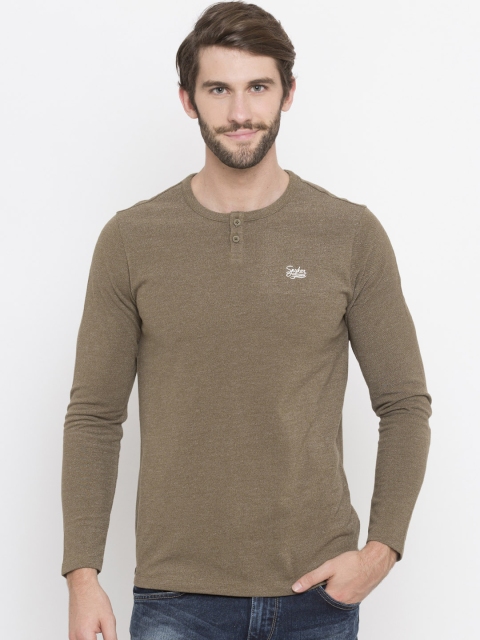 

SPYKAR Men Olive Brown Solid Henley Neck T-shirt