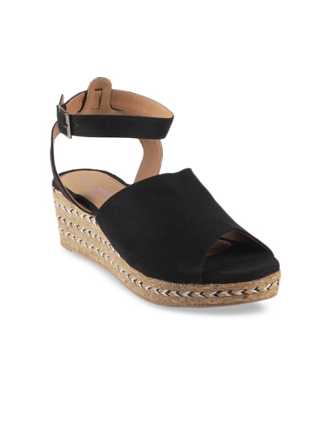 

SOLE HEAD Women Black Solid Velvet Finish Espadrille Wedges