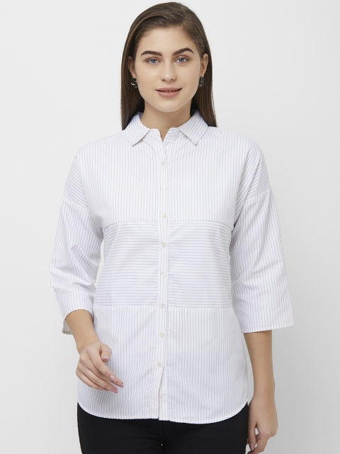 109F Women White & Grey Regular Fit Striped Casual Shirt