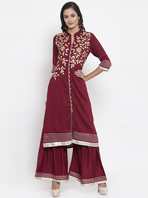 

Aujjessa Women Maroon Embroidered Kurta with Sharara