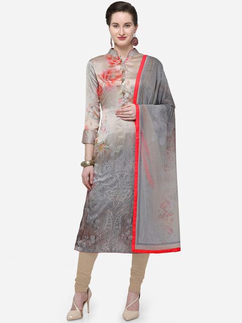 

Stylee LIFESTYLE Grey & Beige Printed Satin Unstitched Dress Material