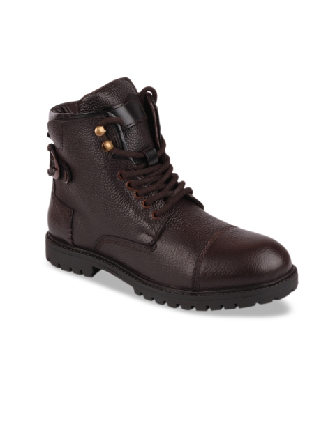

FAUSTO Men Brown Solid Leather Mid-Top Flat Boots