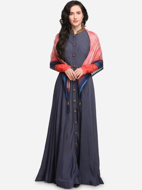 

Stylee LIFESTYLE Navy Blue Satin Semi-Stitched Dress Material