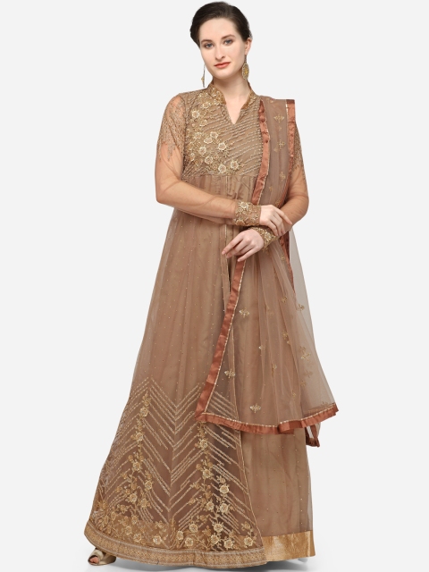 

Stylee LIFESTYLE Brown Embroidered Net Semi-Stitched Dress Material