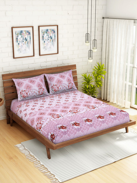 

WELHOME Pink Floral 160 TC 1 Microfibre Queen Bedsheet with 2 Pillow Covers