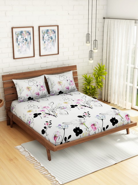 

WELHOME White Floral 200 TC 1 Microfibre Queen Bedsheet with 2 Pillow Covers