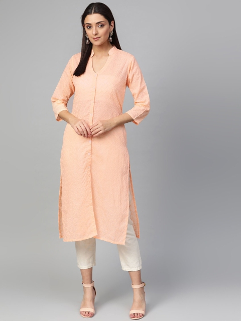 

Jompers Women Peach-Coloured & Off-White Embroidered Kurta with Trousers