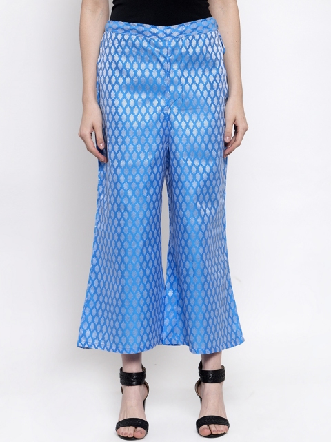 

TAG 7 Women Blue & Silver-Toned Self Design Flared Palazzos