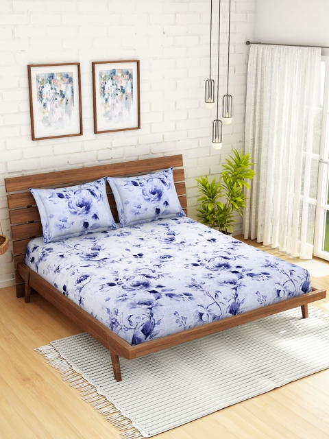 

WELHOME White & Blue Floral 160 TC 1 Microfibre Queen Bedsheet with 2 Pillow Covers