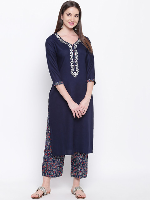 

Khushal K Women Blue & Red Embroidered Handloom Kurta with Palazzos