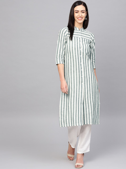 

Jompers Women Green & Off-White Striped Kurta with Trousers