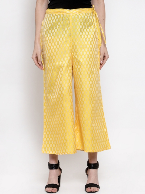

TAG 7 Women Yellow & Silver-Toned Self Design Flared Palazzos