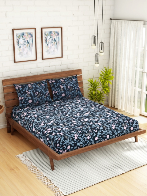 

WELHOME Grey Floral 160 TC 1 Microfibre Queen Bedsheet with 2 Pillow Covers
