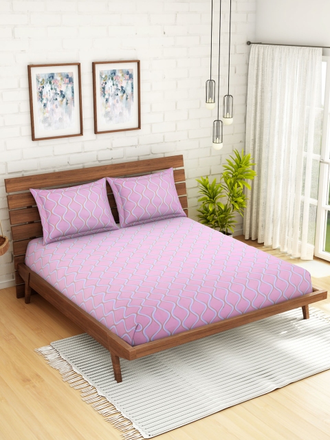 

WELHOME Pink Geometric 160 TC 1 Microfibre Queen Bedsheet with 2 Pillow Covers