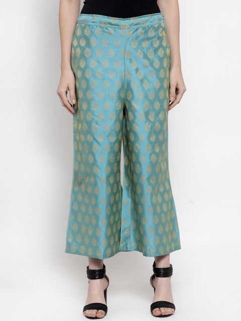 

TAG 7 Women Green & Gold-Coloured Self Design Flared Palazzos