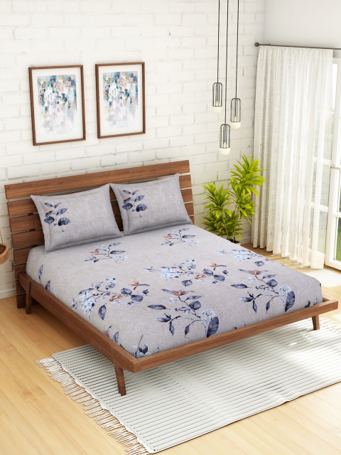 

WELHOME Grey Floral 200 TC 1 Microfibre Queen Bedsheet with 2 Pillow Covers