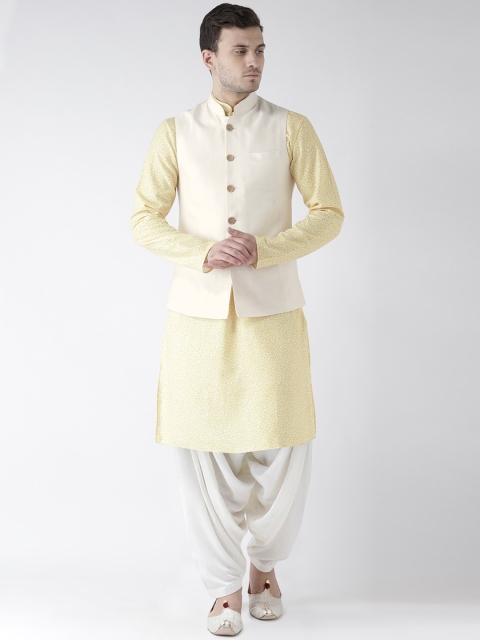 

KISAH Men Yellow & Cream-Coloured Printed Kurta with Patiala & Nehru Jacket