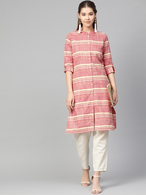 

Jompers Women Red & Off-White Striped Kurta with Trousers