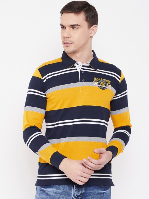 

Duke Men Navy Blue & Yellow Striped Polo Collar T-shirt