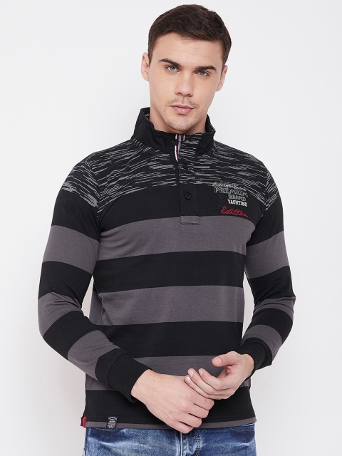 

Duke Men Black & Grey Striped Mandarin Collar T-shirt