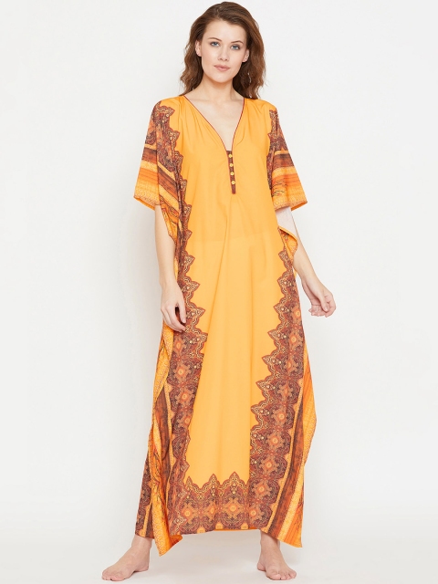 

The Kaftan Company Yellow & Brown Printed Nightdress